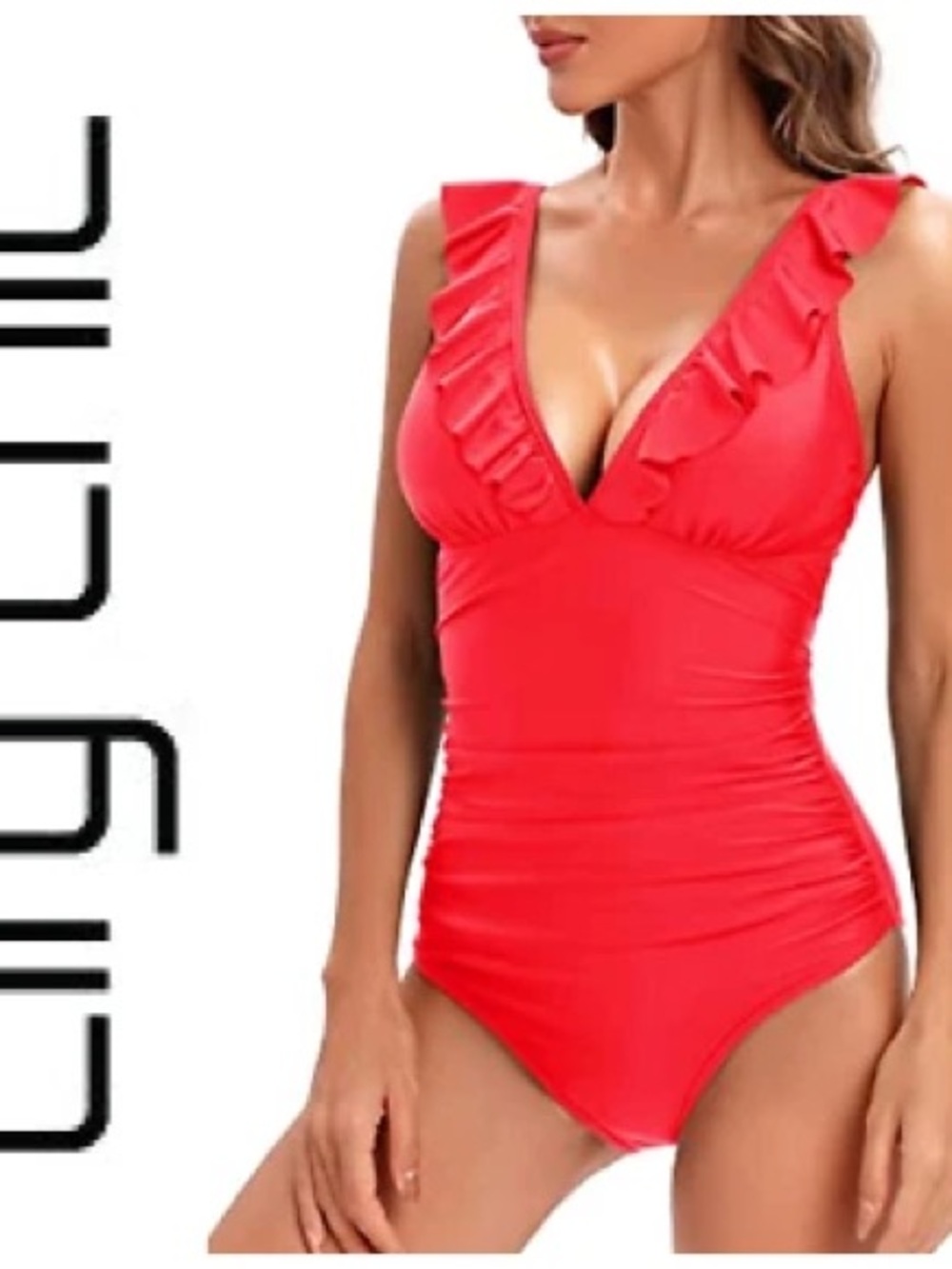 City Chic One Piece Swimsuit Women’s Large Red Ruffles V-neck Ribbed